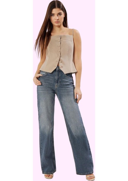 Kadın Denim Pantolon Yüksek Bel Geniş Paça Pamuk Günlük ve Şık Hafta Sonu Kaliteli Malzeme