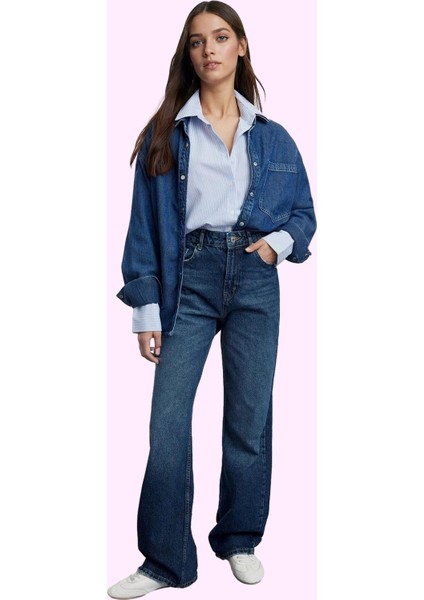 Kadın Pamuk Denim Jean Pantolon Yüksek Bel Geniş Paça Günlük Stil Yaz Aylarının Vazgeçilmezi