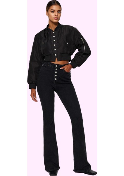 Kadın Düğmeli Yüksek Bel Uzun Flare Jean Pamuk Günlük ve Iş Hayatı Yaz Aylarının Vazgeçilmezi