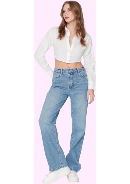 Kadın Pamuklu Denim Regular Geniş Paça Kot Pantolon Düşük Bel Günlük Kullanım Modern Tasarım