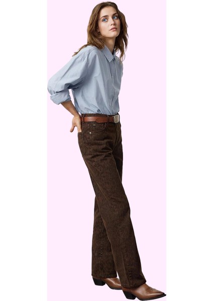 Kadın Leopar Desenli Pamuk Jean Pantolon; Yüksek Bel Geniş Paça Günlük Kullanım Hafta Sonu fiyatları