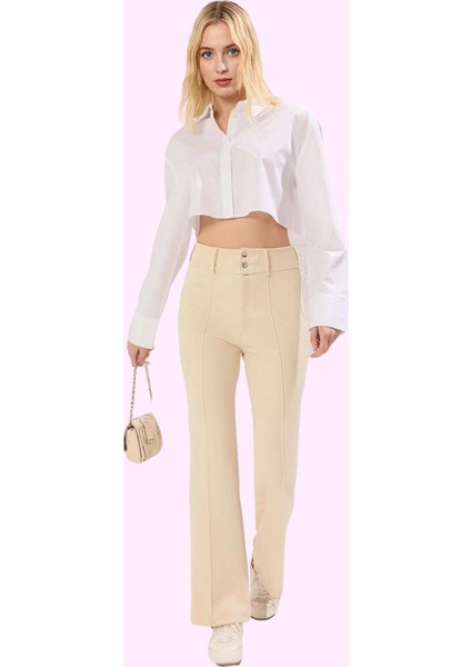 Kadın Düz Desen Geniş Paça Pantolon Yüksek Bel Beli Lastikli Rahat Günlük Kombin Hafta Sonu