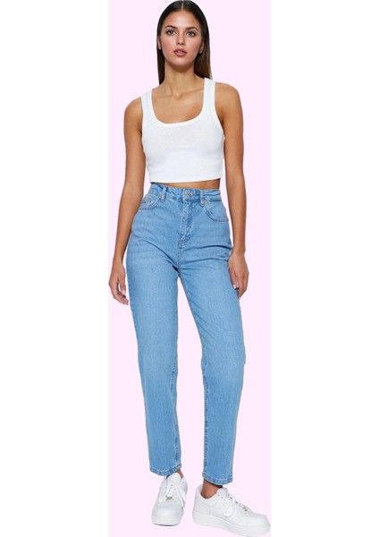 Kadın Mom Jean Pamuklu Renk Yüksek Bel Geniş Paça Rahat Günlük Hafta Sonu Kaliteli Malzeme