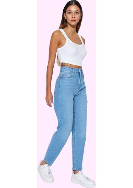 Kadın Mom Jean Pamuklu Renk Yüksek Bel Geniş Paça Rahat Günlük Hafta Sonu Kaliteli Malzeme fiyatları