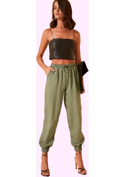 Kadın Dokuma Jogger Pantolon; Rahat Yüksek Bel Lastikli Paça Günlük Kombinler Modern Tasarım fiyatları