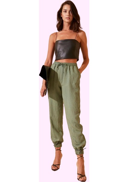 Kadın Dokuma Jogger Pantolon; Rahat Yüksek Bel Lastikli Paça Günlük Kombinler Modern Tasarım modelleri