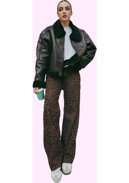 Kadın Leopar Desenli Pamuk Jean Pantolon Yüksek Bel Wide Leg Casual Tarz Dayanıklı Malzeme