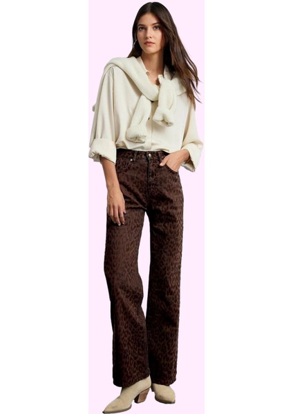 Kadın Leopar Desenli Pamuk Jean Pantolon Yüksek Bel Wide Leg Casual Tarz Dayanıklı Malzeme fiyatları
