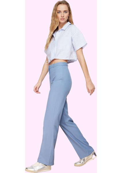 Kadın Straight Düz Kesim Uzun Pantolon; Yüksek Bel Dokuma Kumaş Günlük Yaz Aylarının Vazgeçilmezi