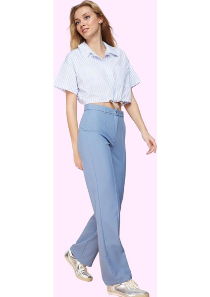 Kadın Straight Düz Kesim Uzun Pantolon; Yüksek Bel Dokuma Kumaş Günlük Yaz Aylarının Vazgeçilmezi fiyatları