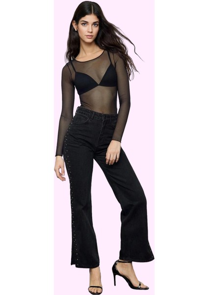 Kadın Pamuk Jean Yüksek Bel Geniş Paça Günlük ve Şık Kombinler Hafta Sonu Kaliteli Malzeme