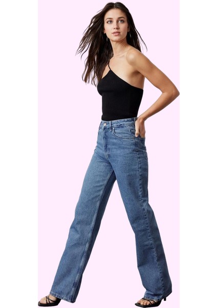 Kadın Pamuk Denim Wide Leg Jean Yüksek Bel Rahat Günlük Stil Hafta Sonu Yaz Aylarının Vazgeçilmezi fiyatları