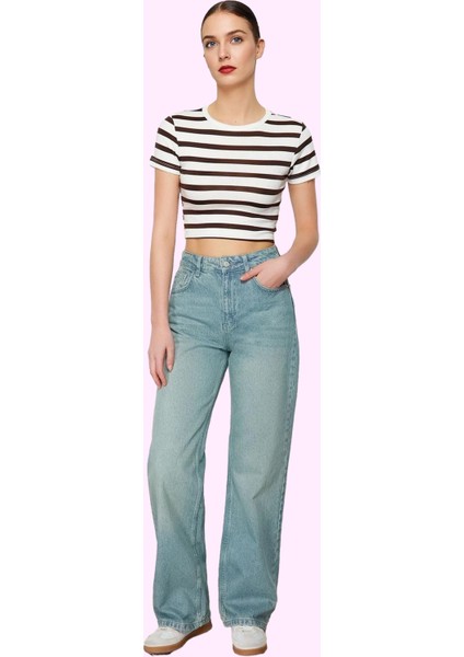 Kadın Pamuk Jean Pantolon Geniş Paça Yüksek Bel Rahat Günlük Hafta Sonu Yaz Aylarının Vazgeçilmezi