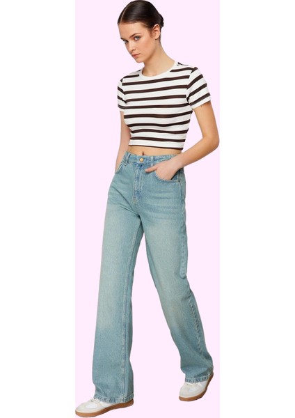 Kadın Pamuk Jean Pantolon Geniş Paça Yüksek Bel Rahat Günlük Hafta Sonu Yaz Aylarının Vazgeçilmezi fiyatları