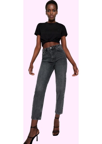 Kadın Pamuk Denim Mom Jean Pantolon Yüksek Bel Regular Boy Günlük Kullanım Kaliteli Malzeme