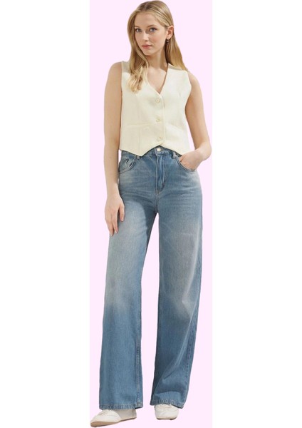 Kadın Pamuklu Denim Wide Leg Jean Pantolon Günlük ve Rahat Kullanım Yaz Aylarının Vazgeçilmezi