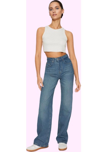 Kadın Pamuk Denim Jean Pantolon; Yüksek Bel; Geniş Paça; Günlük Stil Yaz Aylarının Vazgeçilmezi
