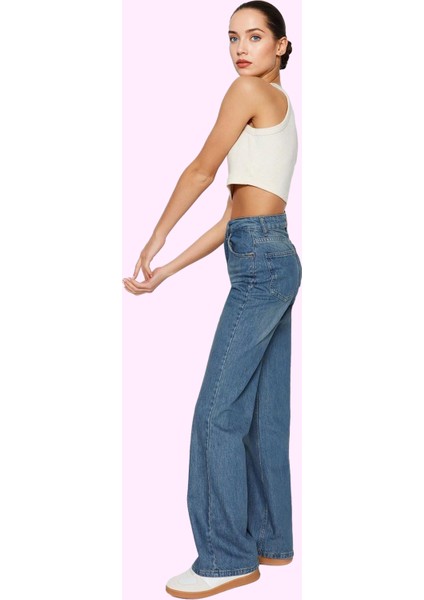 Kadın Pamuk Denim Jean Pantolon; Yüksek Bel; Geniş Paça; Günlük Stil Yaz Aylarının Vazgeçilmezi fiyatları
