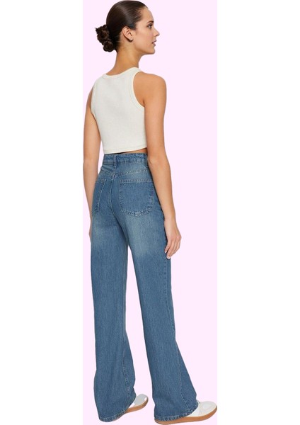 Kadın Pamuk Denim Jean Pantolon; Yüksek Bel; Geniş Paça; Günlük Stil Yaz Aylarının Vazgeçilmezi modelleri