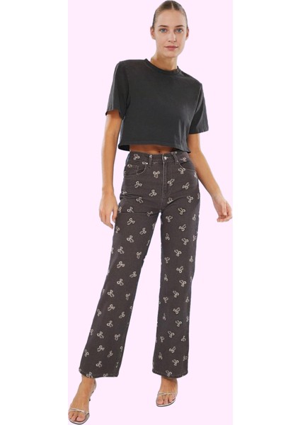 Kadın Baskılı Denim Pantolon Pamuk Yüksek Bel Wide Leg Casual Tarz Yaz Aylarının Vazgeçilmezi