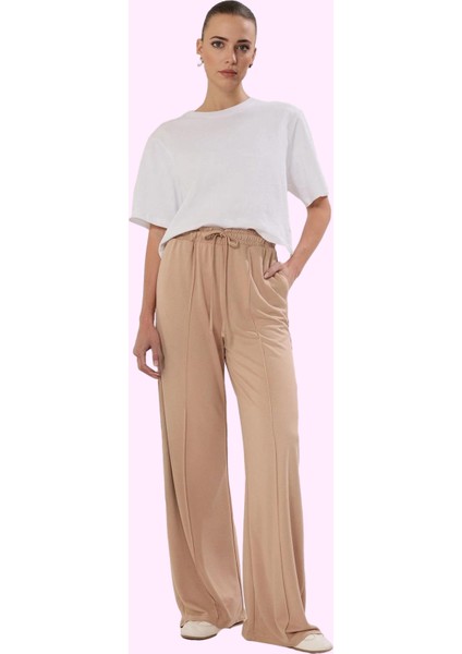 Kadın Pike Örme Pantolon Yüksek Bel Geniş Paça Casual Stil Günlük Kullanım Kaliteli Malzeme