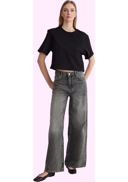 Kadın Pamuk Denim Kot Pantolon Normal Bel Baggy Geniş Paça Günlük Kullanım Kaliteli Malzeme