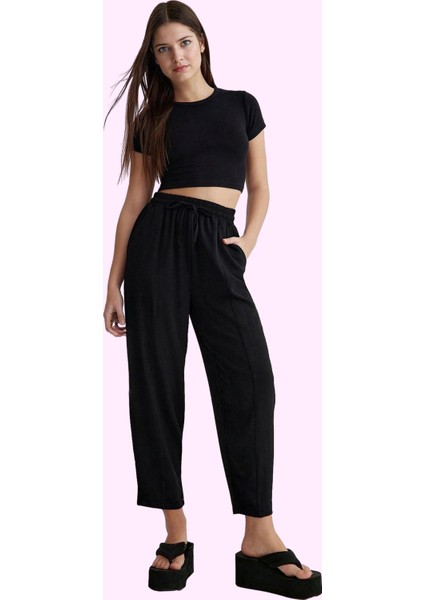 Kadın Dokuma Pantolon Yüksek Bel Aerobin Kumaş Rahat Yazlık Günlük Kullanım Modern Tasarım