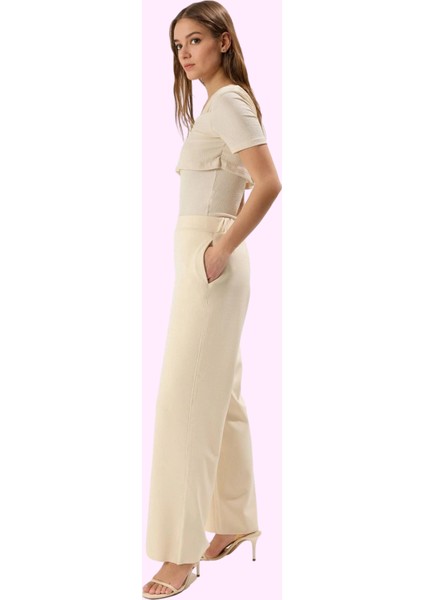 Kadın Düz Desenli Regular Yüksek Bel Geniş Paça Örme Pantolon Rahat Kesim Günlük Kombinler fiyatları