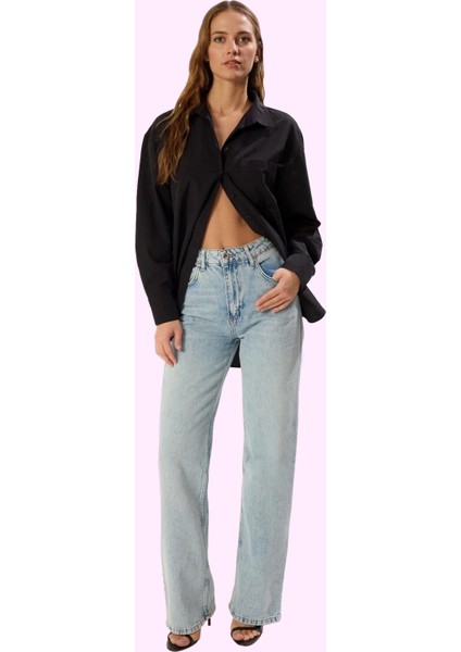 Kadın Pamuk Denim Geniş Paça Pantolon Rahat Günlük Stil Hafta Sonu Yaz Aylarının Vazgeçilmezi