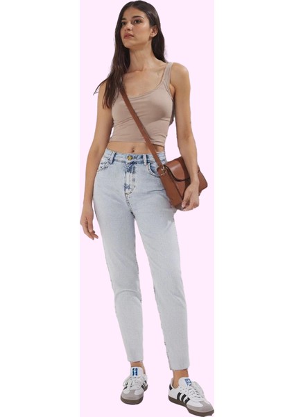 Kadın Günlük Kullanım Mom Fit Jean Yüksek Bel Pamuk Rahat Hafta Sonu Yaz Aylarının Vazgeçilmezi fiyatları