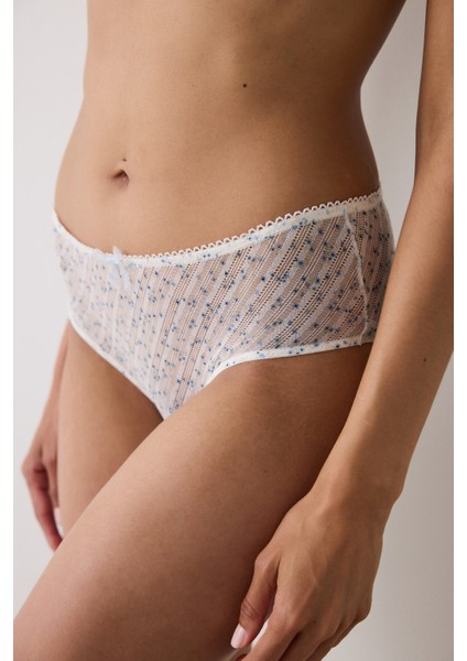 Ekru Çiçek Desenli Normal Bel Hipster Külot