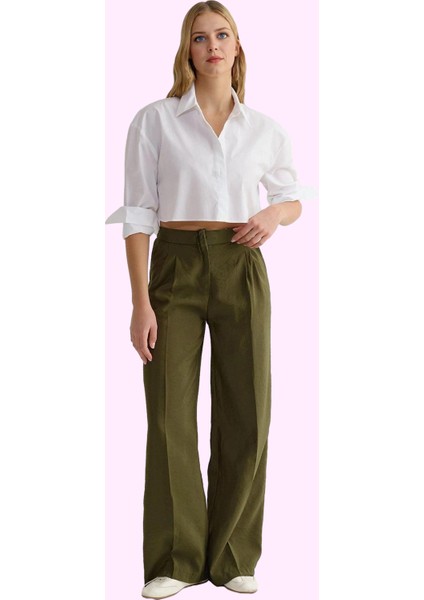 Kadın Yüksek Bel Geniş Paça Melfi Dokuma Pantolon Rahat Kesim Günlük Kombinler Için Hafta Sonu