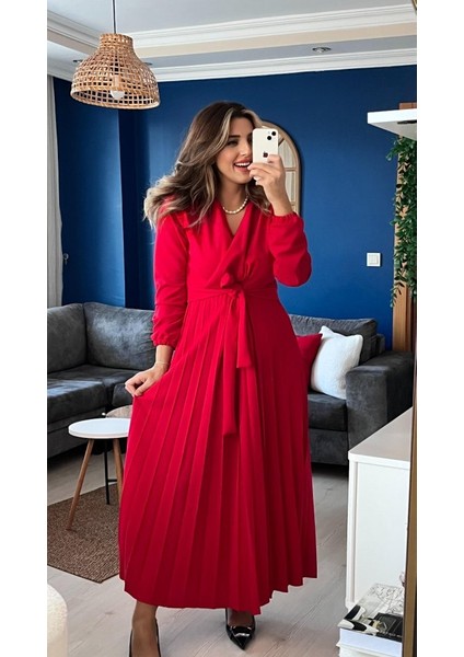 Kadın Uzun Kollu Kruvaze Yaka Belden Kuşaklı Pileli Ithal Krep Elbise fiyatları