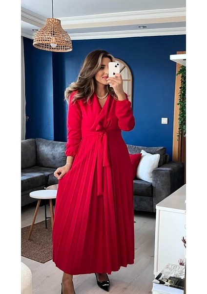 Kadın Uzun Kollu Kruvaze Yaka Belden Kuşaklı Pileli Ithal Krep Elbise modelleri
