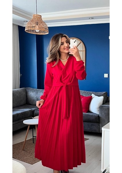 Kadın Uzun Kollu Kruvaze Yaka Belden Kuşaklı Pileli Ithal Krep Elbise fırsatları