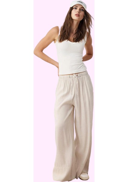 Kadın Renk Geniş Paça Dokuma Pantolon Yüksek Bel Keten Karışımlı Yazlık Yaz Aylarının Vazgeçilmezi