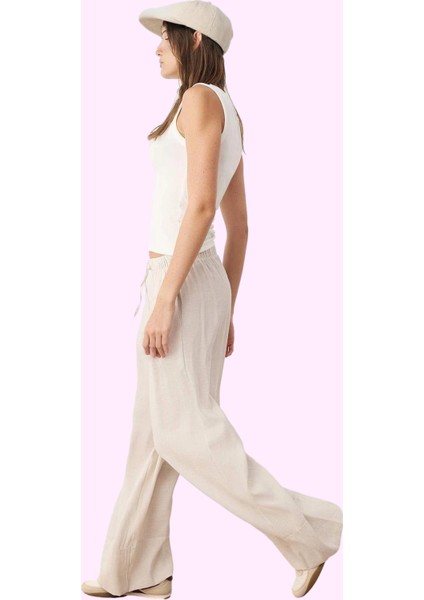 Kadın Renk Geniş Paça Dokuma Pantolon Yüksek Bel Keten Karışımlı Yazlık Yaz Aylarının Vazgeçilmezi fiyatları