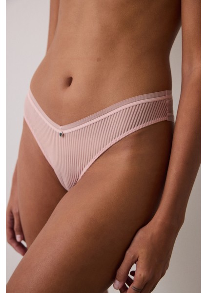Açık Gül Kurusu Çizgili V Kesim Orta Bel Brazilian Külot
