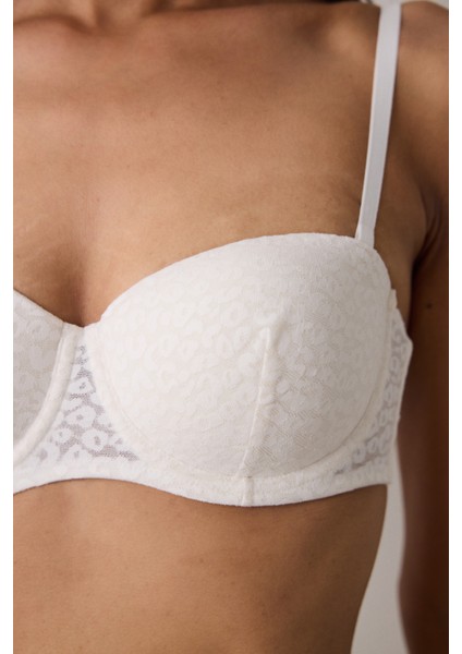 Ekru Bloom Çiçekli Dantelli Balenli Straplez Sütyen