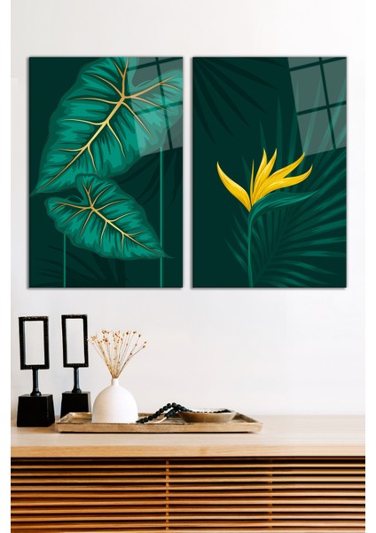 Yeşil Sarı Yaprak Illüstrasyonu 2'li Cam Tablo Seti, Modern Ev Dekoru, Hediyelik Duvar Dekorasyonu