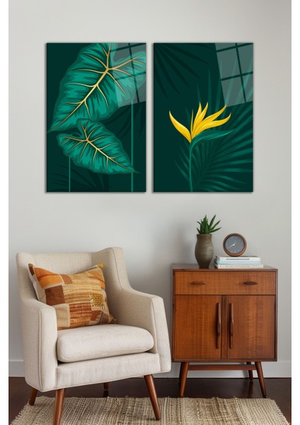 Yeşil Sarı Yaprak Illüstrasyonu 2'li Cam Tablo Seti, Modern Ev Dekoru, Hediyelik Duvar Dekorasyonu fiyatları