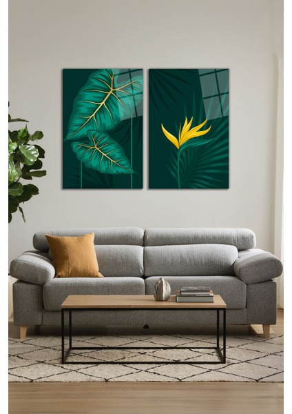 Yeşil Sarı Yaprak Illüstrasyonu 2'li Cam Tablo Seti, Modern Ev Dekoru, Hediyelik Duvar Dekorasyonu modelleri