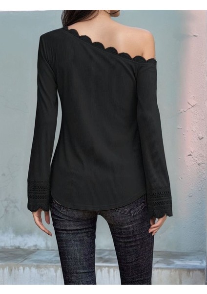 Kadın Uzun Kollu Tek Omuzu Açık Dantelli Burgu Bluz fiyatları