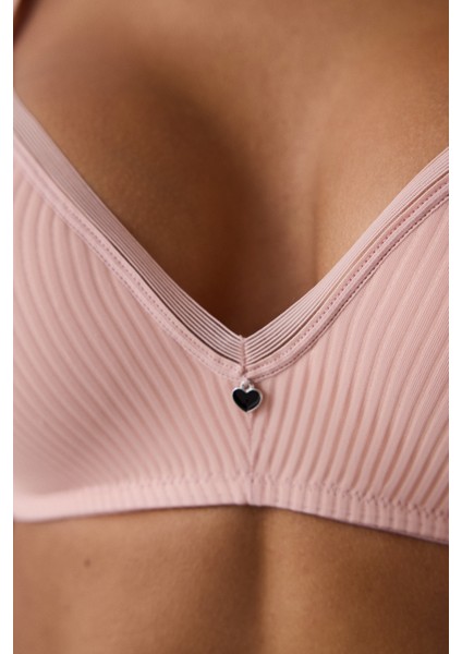 Açık Gül Kurusu Çizgili Balensiz Çıkarılabilir Kaplı T-Shirt Sütyen