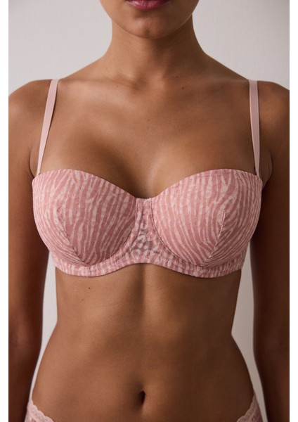 Açık Gül Kurusu Bloom Dantelli Toparlayıcı Balenli Straplez Sütyen