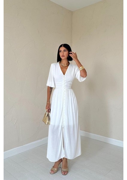 Ekru Önü Düğmeli Elbise