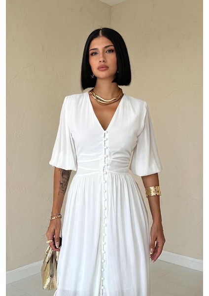 Ekru Önü Düğmeli Elbise fiyatları