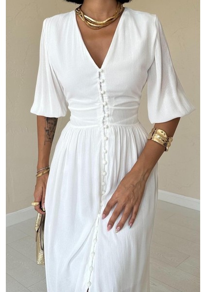 Ekru Önü Düğmeli Elbise modelleri