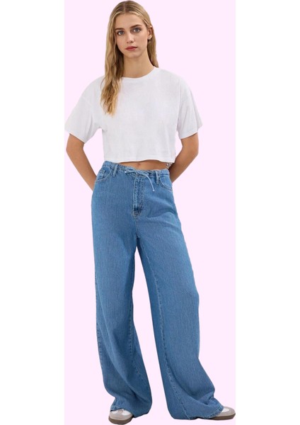 Kadın Denim Yüksek Bel Wide Leg Pantolon Liyosel Rahat Günlük Hafta Sonu Dayanıklı Malzeme