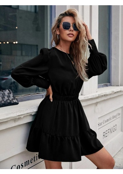 Kadın Uzun Kollu Bisiklet Yaka Beli Lastikli Fırfırlı Ithal Krep Elbise modelleri